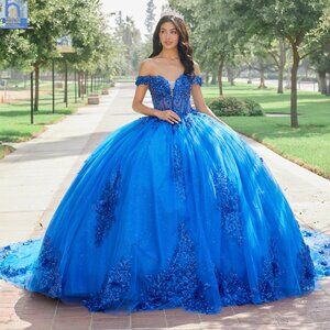 New Royal Off The Shoulder Tulle Quinceanera Dress w/ Corset Bodice JT1505J